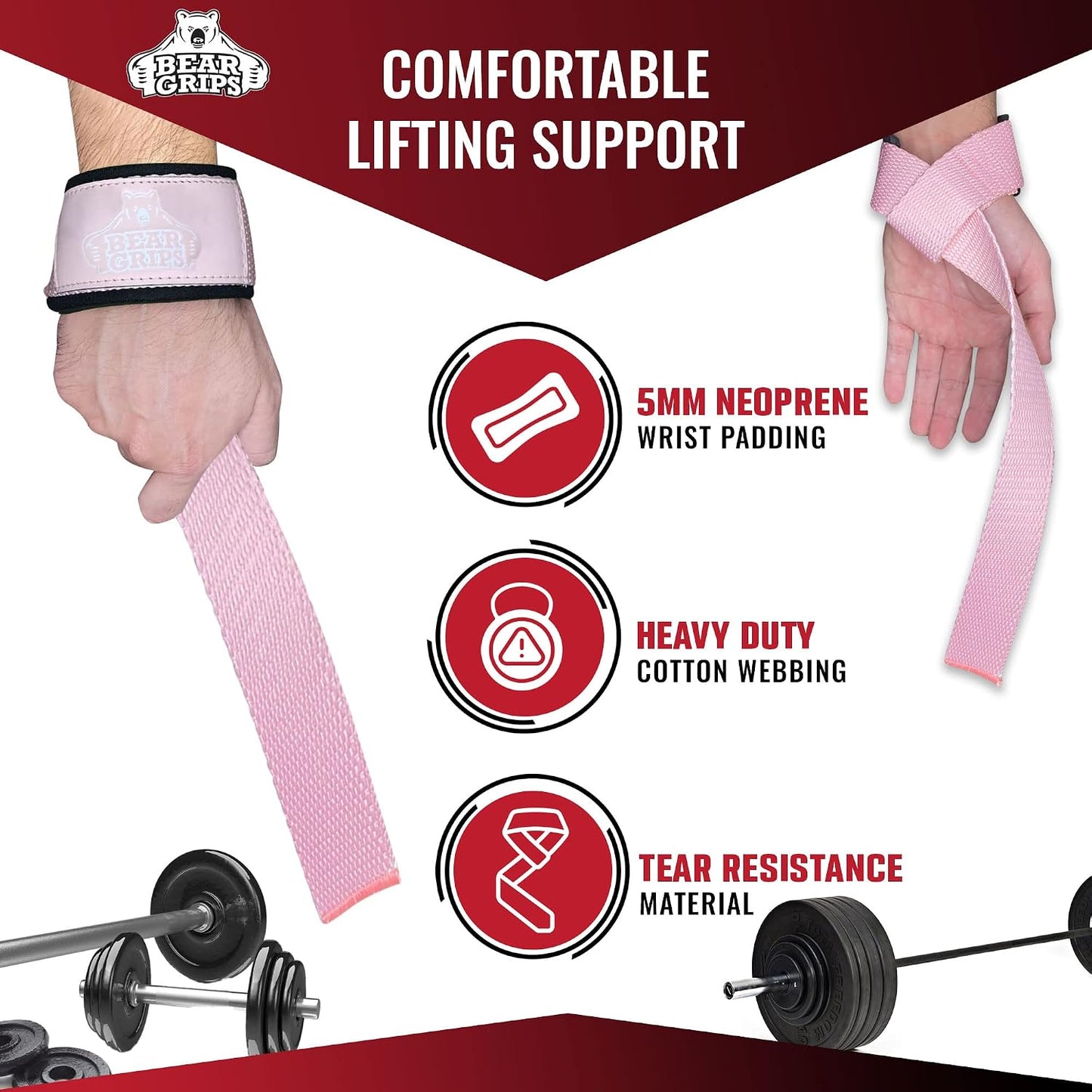 Bear Grips Lifting Straps - Gym & Weightlifting Straps for Men & Women, Deadlift Support, 2 Pairs