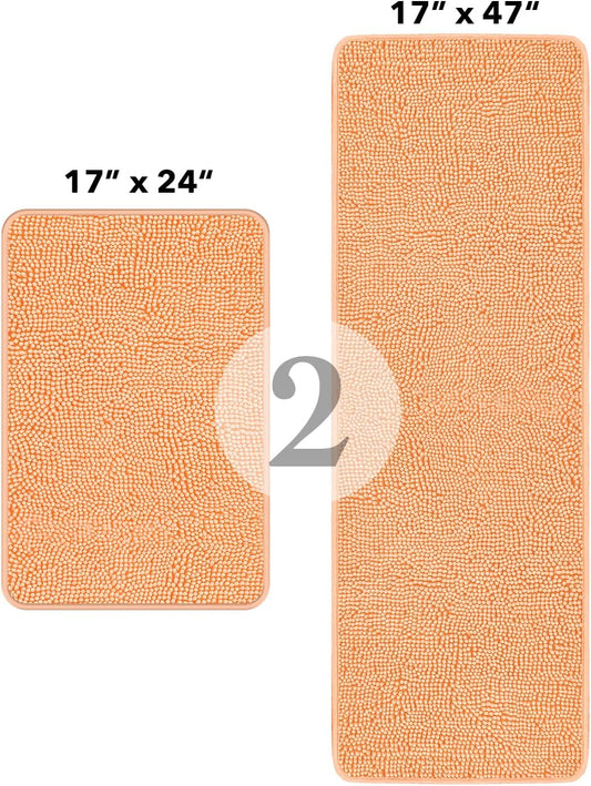 Yeaban Bathroom Rugs Sets 2 Piece,Thick Chenille Bath Mats,Absorbent and Washable Bath Rug Non-Slip, Extra Soft Rugs for Bathroom Floor,Tub,Shower and Sink(17"x24" and 17"x47",Peach)