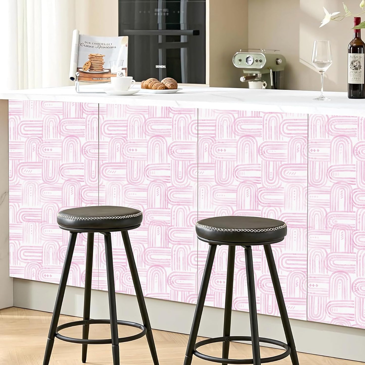 Modern Peel and Stick Wallpaper Boho Pink and White Contact Paper 17.3"x480" Geometric Abstract Wall Paper Removable Self Adhesive Wallpaper for Bedroom Bathroom Cabinet Decor Vinyl