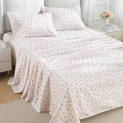 MUXHOMO Queen Size 4 Piece Sheet Set, Soft Breathable Bed Sheet Set for Bedroom with Deep Pocket Up to 16", Wrinkle-Free & Cooling Bedding for Oeko-TEX Certified - Blossoms Pink
