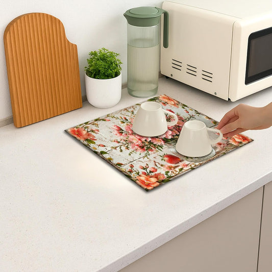 Floral Dish Drying Mats for Kitchen Counter, Peach Blossom Absorbent Dish Drainer Rack Mat, Vintage Romantic Microfiber Drying Pad for Kitchen Counter Home Decor 16x18 Inch