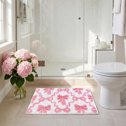 Lindameler Pink Bow Bathroom Rugs Coquette Cute Bath Mat Non Slip Absorbent Bow Bath Mat Washable 16 X 24 inch Bathroom Mats for Front Door, Bedroom, Living Home Decor