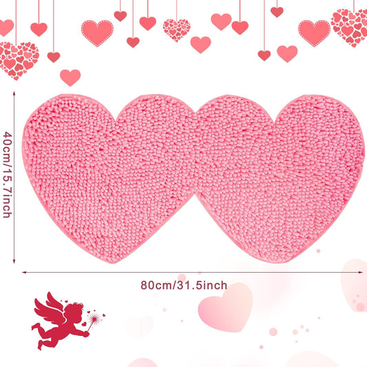 Valentine’s Day Bathroom Rugs Double Heart Shaped Love Decorative Pink Chenille Shower Mat Non Slip Washable Front Door Mat for Home Living Room Bedroom Bathroom Decor, 31.5 x 15.7 Inch