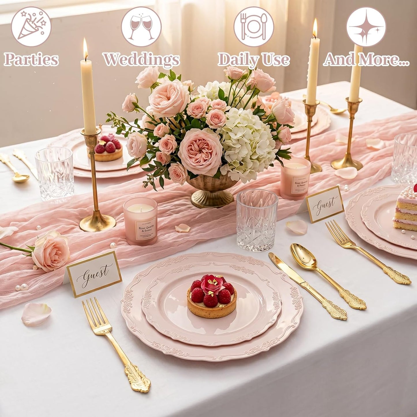 DaYammi 150Pcs Pink Plastic Plates & Gold Plastic Silverware,Pink Disposable Plates for Party Include 30 Dinner Plate,30 Dessert Plate,30 Gold Forks and 30 Spoons, 30 Knives for Wedding Bridal Shower