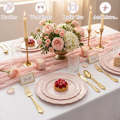 DaYammi 150Pcs Pink Plastic Plates & Gold Plastic Silverware,Pink Disposable Plates for Party Include 30 Dinner Plate,30 Dessert Plate,30 Gold Forks and 30 Spoons, 30 Knives for Wedding Bridal Shower