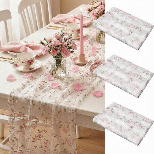Lounsweer 3 Pcs Flower Table Runner 10ft Embroidery Flower Seasonal Table Runner Tulle Fabric Spring Summer Lace Tablecloth for Bridal Shower Baby Shower Holiday Kitchen Dining Decor DIY Craft