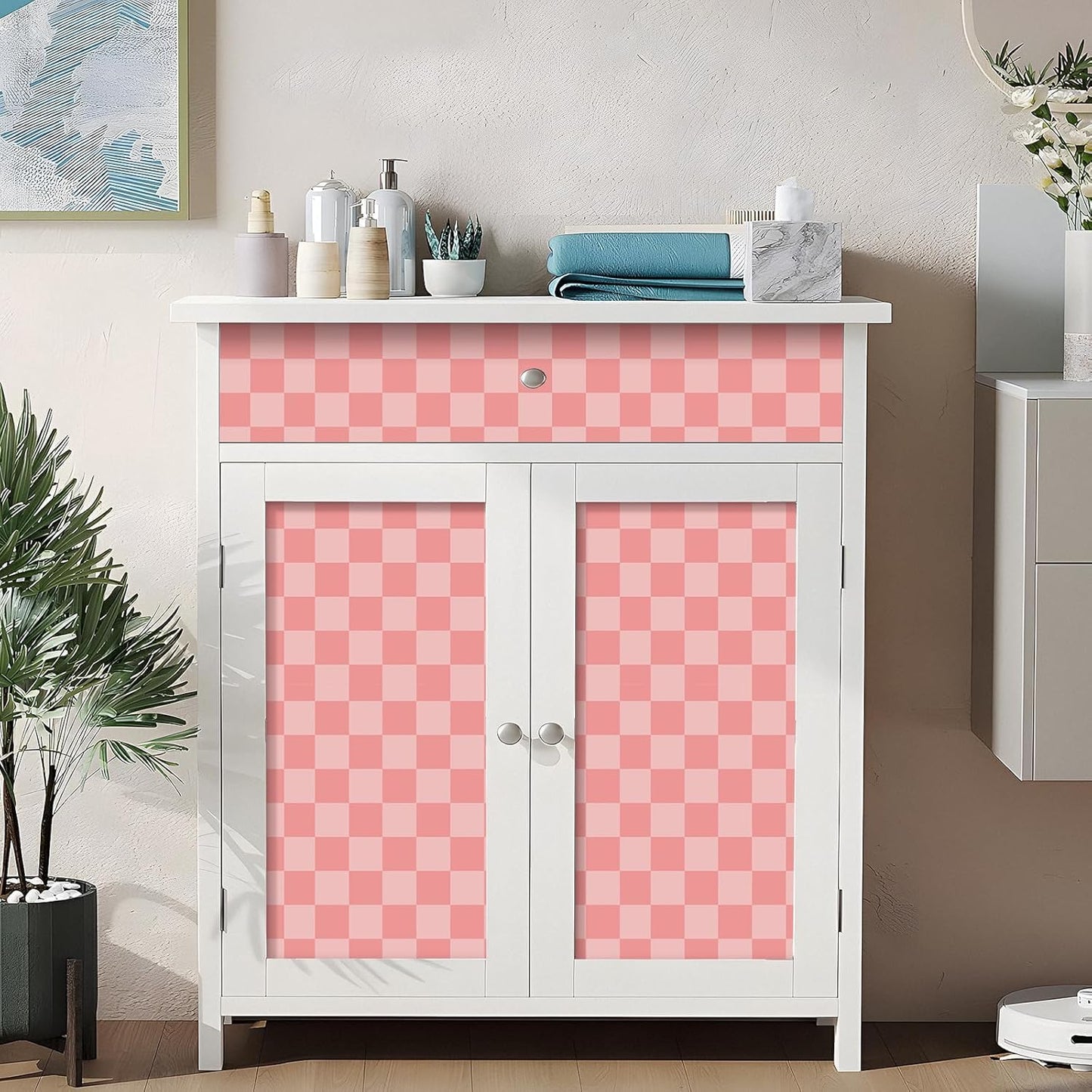 Yenhome 17.5"X118" Pink Checkered Wallpaper Peel and Stick Pink Checkered Pattern Wallpaper Vinyl Wrap for Cabinets Countertop Contact Paper Waterproof Wallpaper for Bathroom Decoration Contact Paper