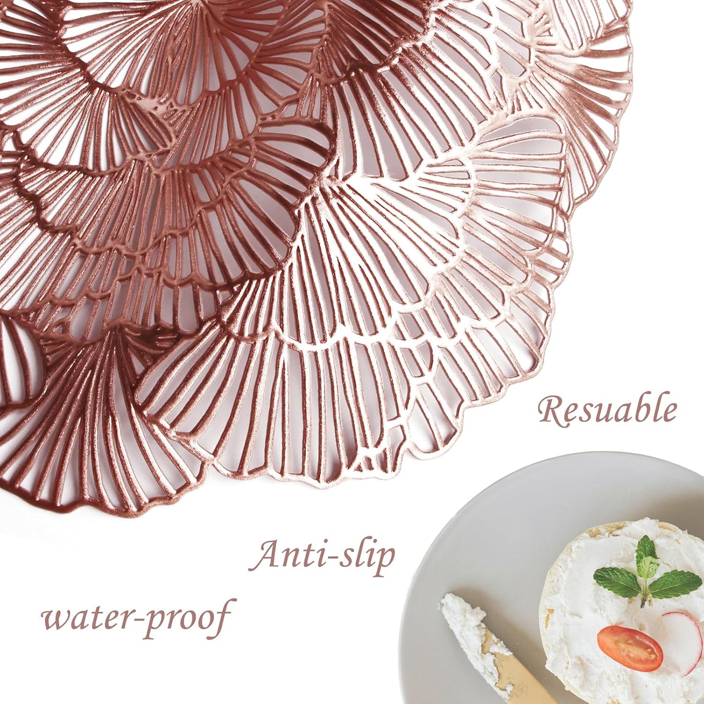 Round Placemats, Gold Ginkgo Leaf Pattern, Vinyl Material, 15 Inch Diameter,Washable Non-Slip, Decorative Table Setting, Set of 6 (6, Rose Gold)