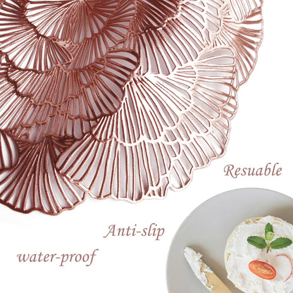 Round Placemats, Gold Ginkgo Leaf Pattern, Vinyl Material, 15 Inch Diameter,Washable Non-Slip, Decorative Table Setting, Set of 6 (6, Rose Gold)