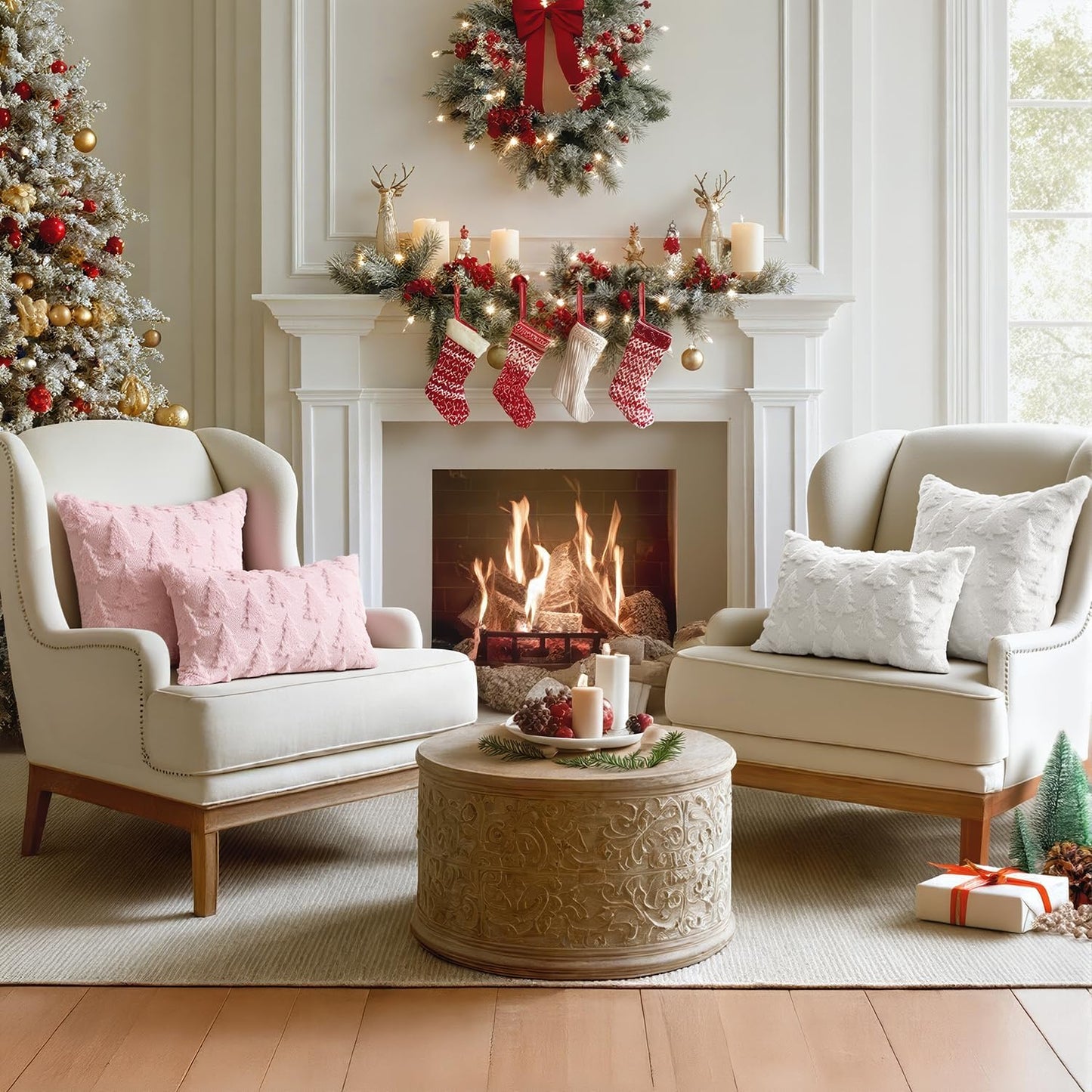 MIULEE Christmas Throw Pillow Covers Pink Christmas Decorations Set of 2 Xmas Tree 12x20 Pillow Covers Soft Plush Faux Wool Pillowcases Holiday Festivals Winter Home Decor Sofa Couch Bed Porch