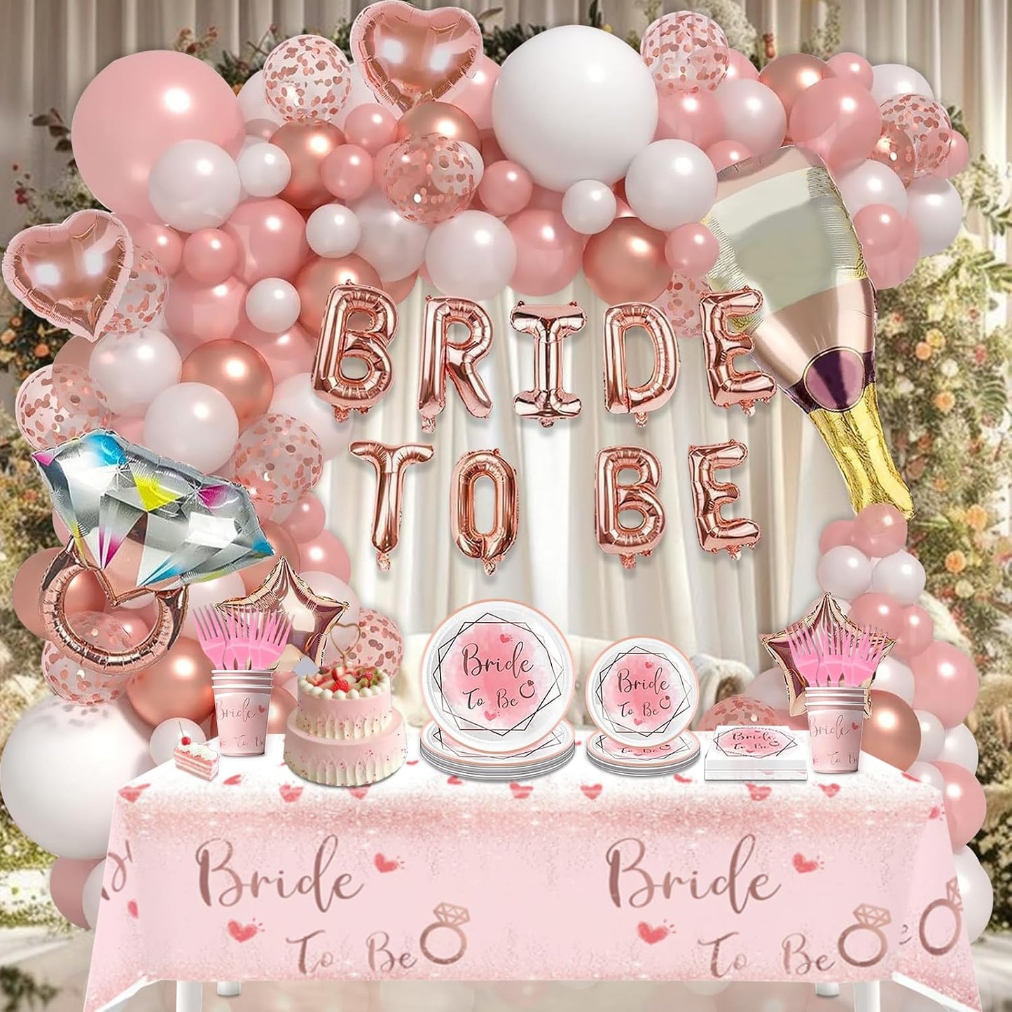 180Pcs Bachelorette Party Decorations,Pink Rose Gold Decor,Bridal Shower Party Supplies Balloon Arch,Bride To Be Party Favors Tableware Set Plates Fork Cups Napkins Tablecloth,Sash,Vail,Tiara