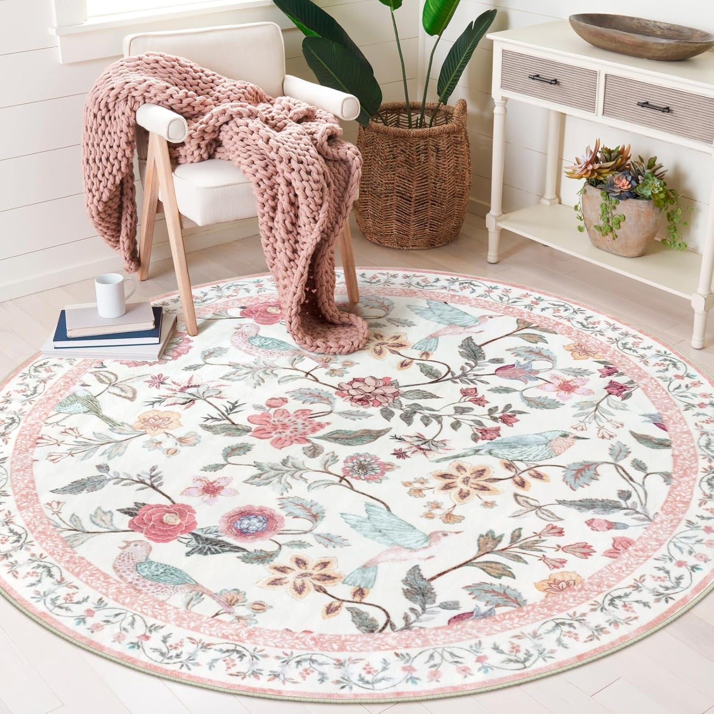 Rugalia Pink Floral Round Rugs 4ft, Washable Boho Circle Rug for Girls Bedroom, Soft Non-Slip Botanical Nursery Circular Carpet, Modern Flower Birds Throw Rug for Kids Room Living Room