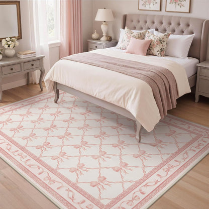 GENIMO Area Rugs 3X5 for Living Room Bedroom, Machine Washable Non Slip Flower Bow Rug, Low Pile Soft Cute Floral Rug for Dining Room Girls Room Nursery Room and Playroom, Pink Bow