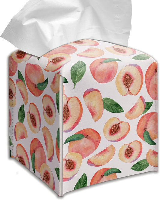 Peach Pattern Tissue Box Cover Square Decorative Holder Watercolor Fruit Kitchen Bathroom Summer Home Decor