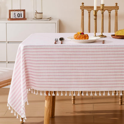 Striped Tablecloth Rectangular Cotton Linen Style Picnic Table Cloths Rectangle with Tassels Washable Table Cover Wrinkle Free for Mothers Day Party Outdoor Dining Room,Pink and White,55x75