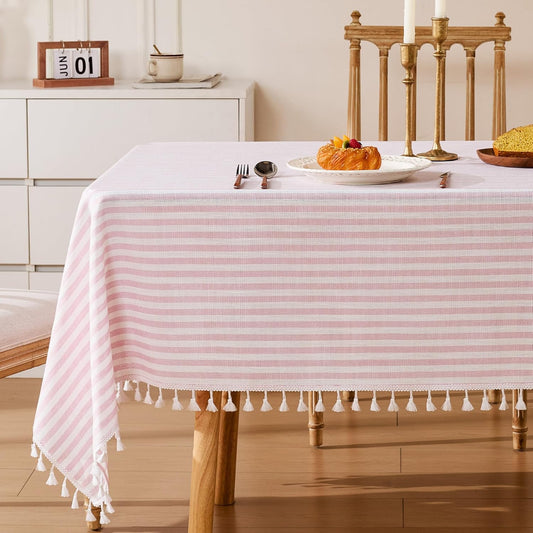 Striped Tablecloth Rectangular Cotton Linen Style Picnic Table Cloths Rectangle with Tassels Washable Table Cover Wrinkle Free for Mothers Day Party Outdoor Dining Room,Pink and White,55x75
