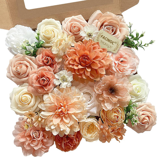 FACINOC Roses Artificial Flowers Orange Fake Flower with Stems for DIY Wedding Bouquets Bridal Baby Shower Centerpiece Table Decorations Silk Faux Floral Arrangements for Party Home Decor Indoor Peach