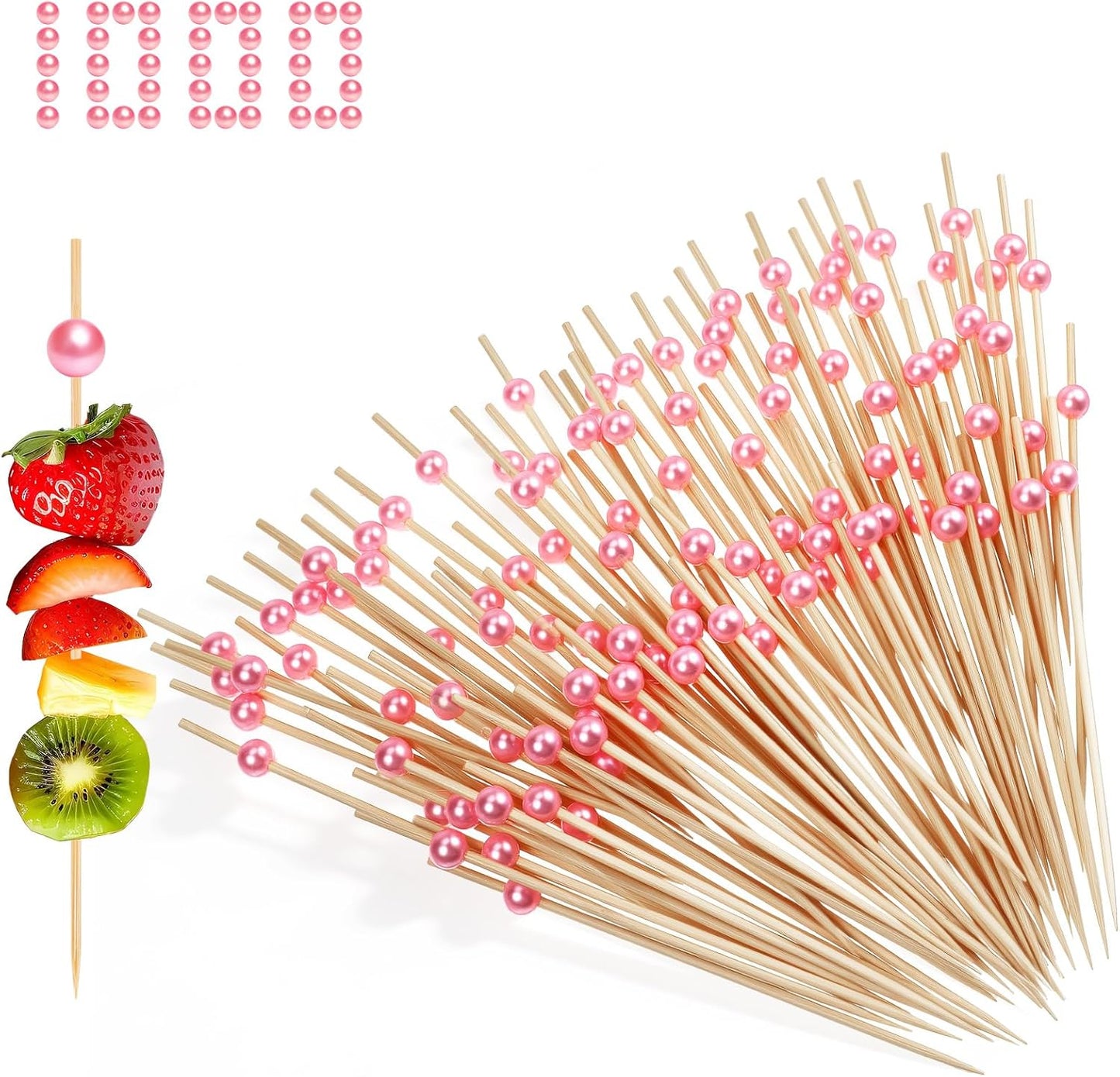 1000 Pcs Pink Toothpicks, 4.7 Inch Fancy Cocktail Picks for Appetizers Decorative Wooden Sticks with Pink Pearl for Cocktails, Fruits, Desserts, Charcuterie, Juice, Drinks