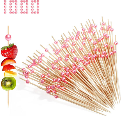 1000 Pcs Pink Toothpicks, 4.7 Inch Fancy Cocktail Picks for Appetizers Decorative Wooden Sticks with Pink Pearl for Cocktails, Fruits, Desserts, Charcuterie, Juice, Drinks
