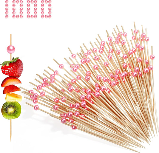 1000 Pcs Pink Toothpicks, 4.7 Inch Fancy Cocktail Picks for Appetizers Decorative Wooden Sticks with Pink Pearl for Cocktails, Fruits, Desserts, Charcuterie, Juice, Drinks