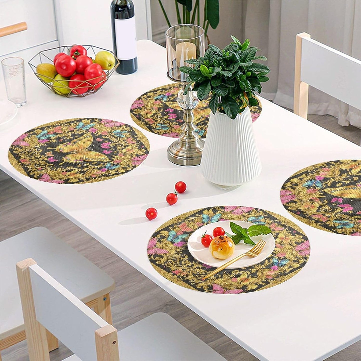 Retro Butterflies Pattern Gold and Peach Place mat Round Reusable placemats Washable Cloth placemats Plates mats Waterproof Table Runner placemats 6 for Non Slip 15.4x15.4in