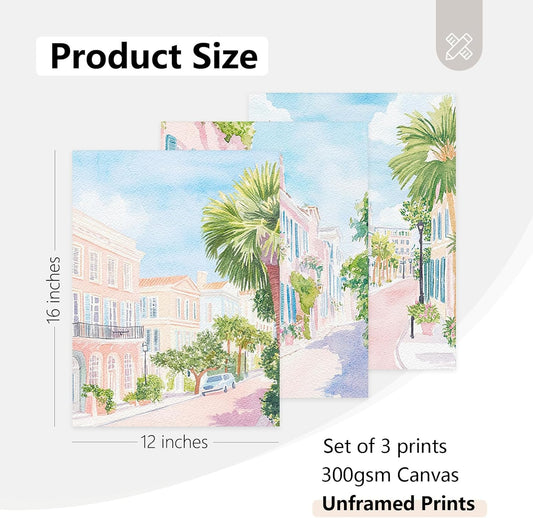 Charleston South Carolina Wall Art Preppy Watercolor Posters Pastel Coquette Canvas Wall Art Decor Trendy Coastal Aesthetic Prints Pink Blue Watercolor Painting for Bedroom 12x16x3 Inch Unframed