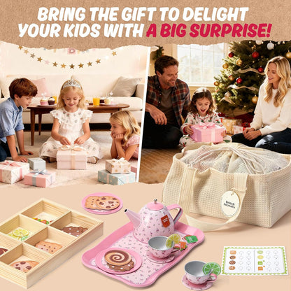 Kids Tea Party Set for Little Girl, Tea Sets for Toddler Pretend Play Food Kitchen Toy Accessories Gift for 3 4 5 6 Years Old Girls Boys (Pink)