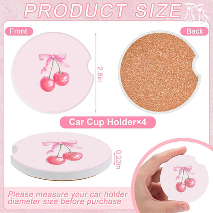 Boao 4 Pcs Car Cupholder Coasters for Valentine's Day, Ceramic Coasters 2.56'' Anti Slip Base with Finger Notch for Dry Clean, Car Interior Accessories, Birthday Gifts(Pink Bow)