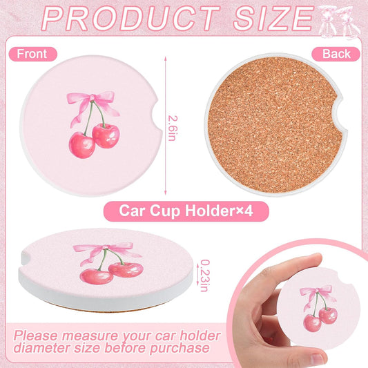 Boao 4 Pcs Car Cupholder Coasters for Valentine's Day, Ceramic Coasters 2.56'' Anti Slip Base with Finger Notch for Dry Clean, Car Interior Accessories, Birthday Gifts(Pink Bow)