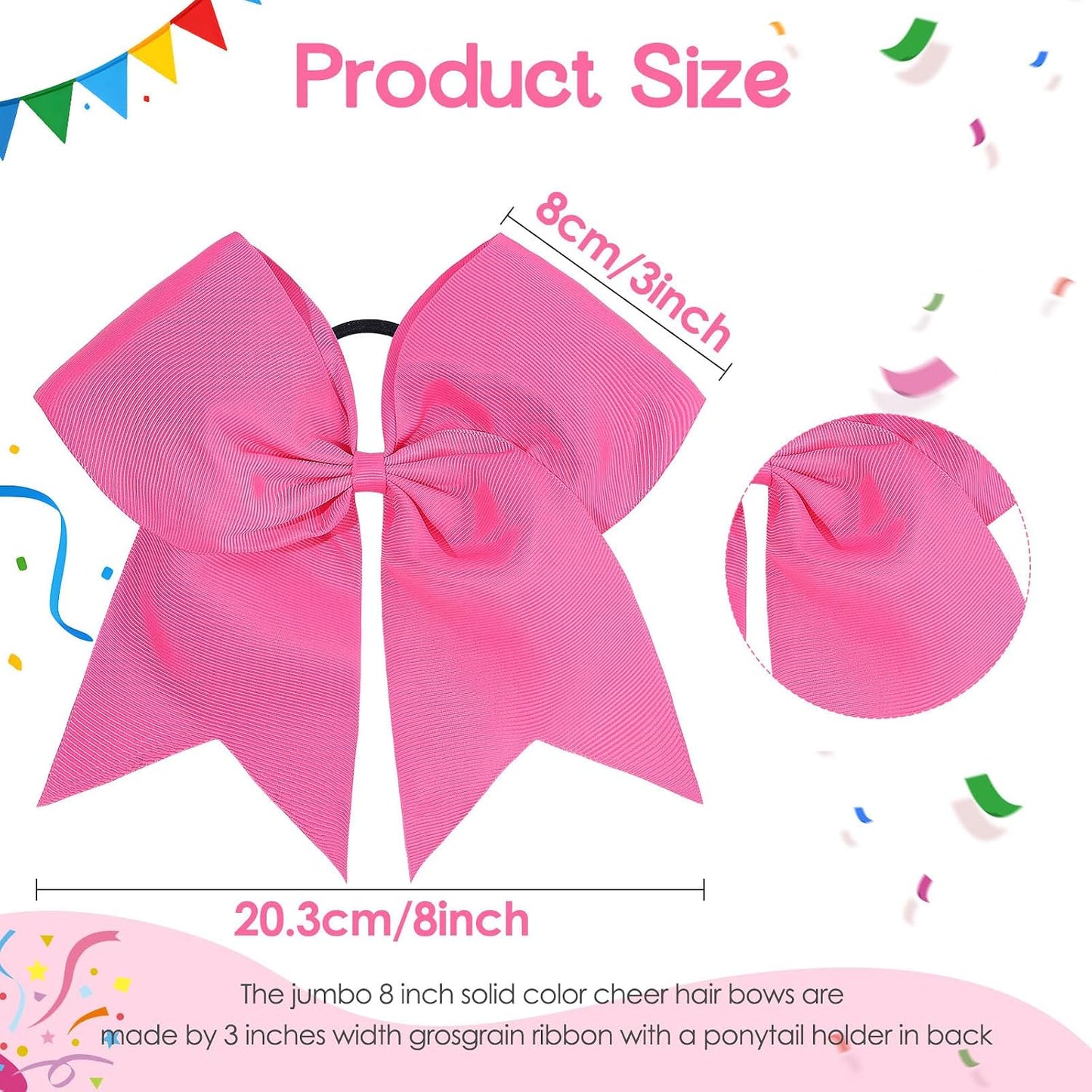 OAOLEER 32PCS 8" Large Cheer Hair Bows for Cheerleader, Big Jumbo Pink Cheering Hair Bows Ponytail Holder Elastic Band Handmade for Cheerleading College Sports (Pink)