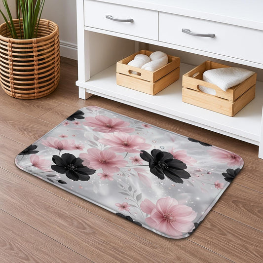 Elegant Floral Quick Dry Bath Mat, Peach and Black Flower Design Absorbent Non Slip Shower Mat, All Season Washable Bath Rugs for Bathroom Toilet Restroom Decorative 20x32 Inch
