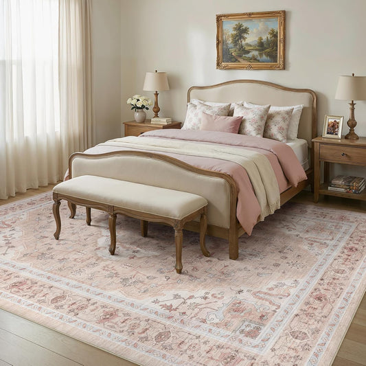 9x12 Rugs for Living Room, Washable Area Rug Pink Vintage Carpet for Bedroom Nursery Dining Room, Non-Slip Soft Thin Stain Resistant, Retro Floral Rugs for Girls