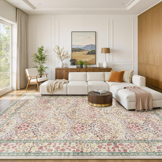 Lofus Pink Area Rug 9x12, Washable Large Living Room Rugs Non Slip Low Pile, Boho Floral Carpet for Kitchen Bedroom Dining Room Nursery Home Office, Vintage Farmhouse Forest-Themed Area Rugs