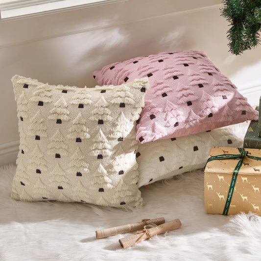 MIULEE Christmas Tree Decorative Pillow Covers Faux Fur Wool Throw Pillows Soft Plush Cushion Covers Set of 2 Xmas Home Decor Winter Holiday for Sofa Couch Livingroom Bed 18x18 Inch Pink