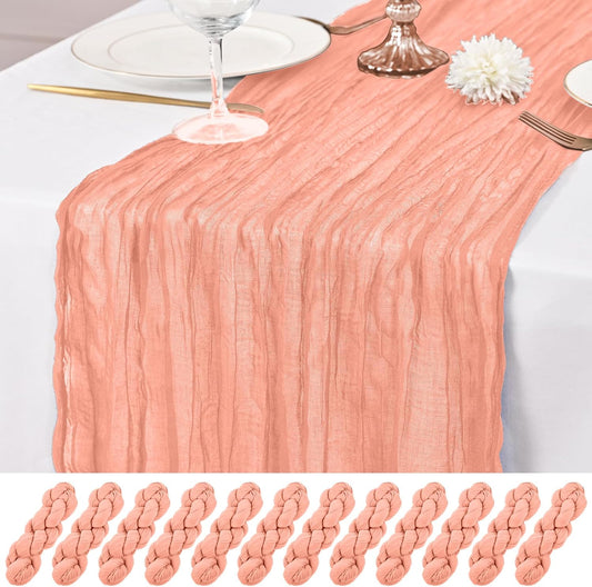 12 Pack Coral Table Runner 10Ft Cheesecloth Table Runner Rustic Gauze Table Runners Romantic Long Sheer Fabric Cheese Cloth Table Runners for Wedding Party Bridal Baby Shower