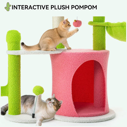 YITAHOME Cactus Cat Tree: 36 in Cats Tower for Indoor Kittens with 2 Platforms, Scratching Post, Spring Ball, Hanging Ball, Hanging Basket, Green & Pink