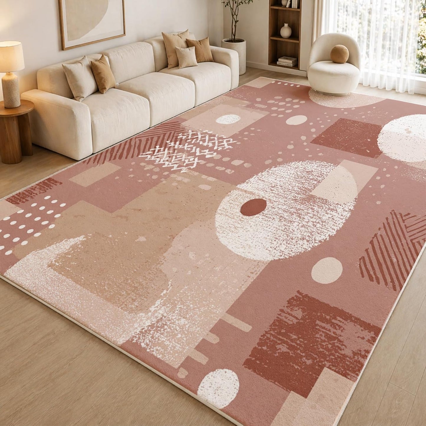 Boho Geometric 5x7 Area Rugs for Living Room, Washable Pink Abstract Geometry Large Rug, Modern Minimalism Pattern Carpet Soft Low Pile Non Slip for Bedroom Home Decor SBY360rs