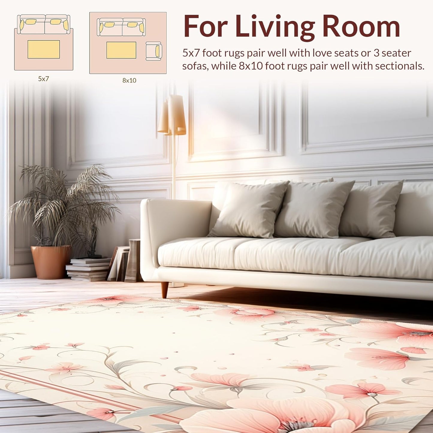 Flatwoven High Traffic Area Rug 8x10, Delicate Blush Inspired Floral Motif with Petals and Swirls, Non Slip, Stain Resistant, Washable Area Rugs for Living Room, Bedroom (Peach, 8x10, Pad)