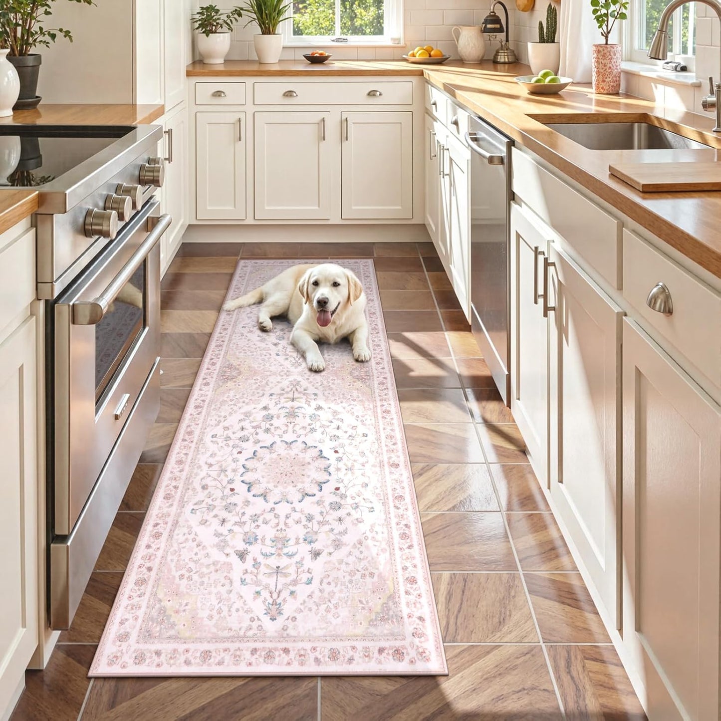 Moynesa Washable 2x6 Pink Hallway Runner Rug, Cute Girl Floral Print Runner for Home Decor, Foldable Low Pile Soft Non-Slip Floor Mat for Kids Playroom Nursery Entryway Kitchen