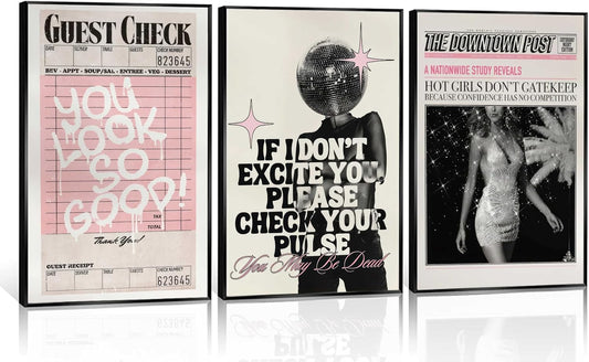 Vintage Pink Canvas Wall Art Set of 3 Funky Hot Girl Pictures You Look So Good Poster Preppy Trendy Paintings Home Wall Decor Aesthetic Disco Ball Bar Cart Prints for Apartment Dorm (12x16in) Unframed