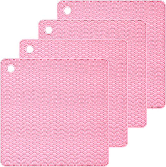 Silicone Trivets Mats Square Silicone Rubber Pot Holder Trivet Mat for Hot Pan and Pot Hot Pads Counter Mat Heat Resistant Tablemat or Placemats 4 Pack,Size:7.5x7.5 Inch, Color: Pink