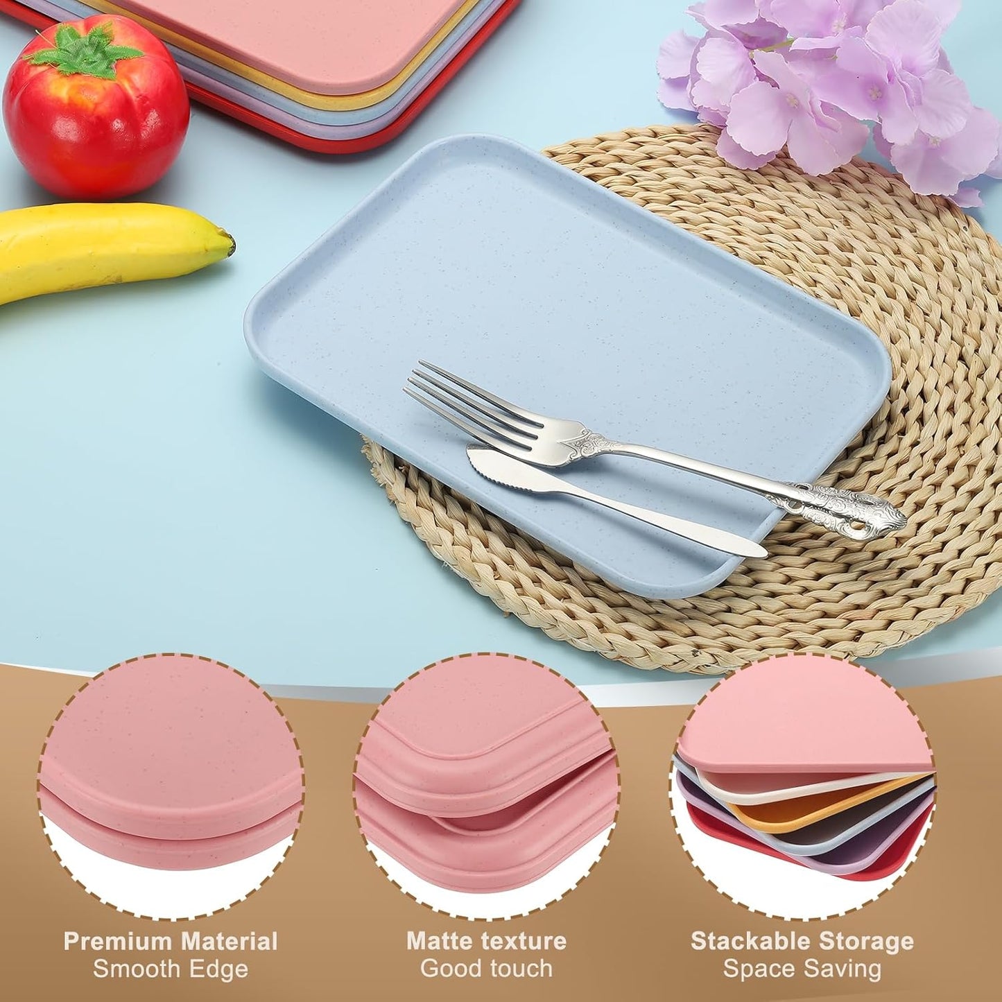 PATIKIL 7.9x5.9 Plastic Tray, 2 Pack Rectangular Plates Small Food Tray Wheat Plates Dishes Reusable Dessert Plate Trays with Cloth for Cake Fruits Salad Cupcake Steak Serving Pink