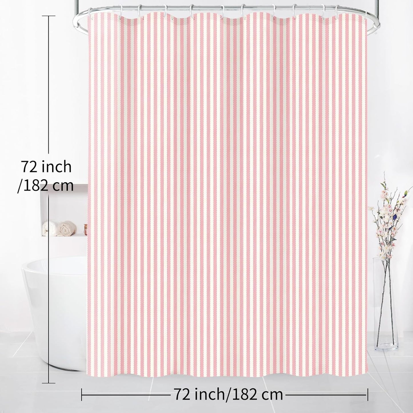 Pink White Striped Linen Cotton Waterproof Shower Curtain, Funny Stripe Shower Curtains for Bathroom Decor, Chic Fabric Cloth Shower Curtain 72" W x 72" L
