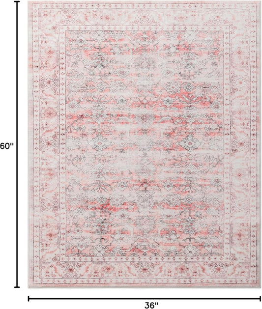 Carvapet 3x5 Pink Area Rug - Small Vintage Floral Faded Floor Carpet, Washable Low Pile Thin Mat with Skid-Resistant Rubber Backing for Entryway Bedroom Office