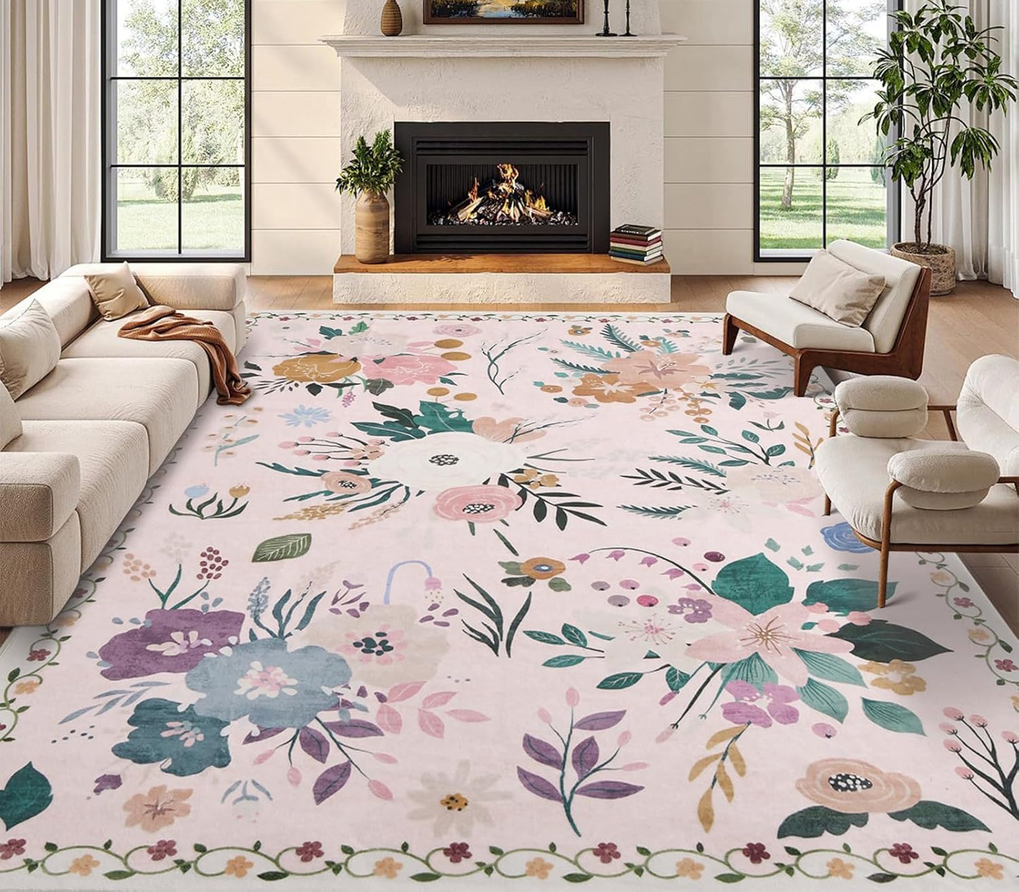 Rugs for Bedroom 5x7 Pink Boho Floral Washable Soft Area Rug for Living Room Dining Room Office Carpet