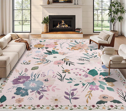 Rugs for Bedroom 5x7 Pink Boho Floral Washable Soft Area Rug for Living Room Dining Room Office Carpet