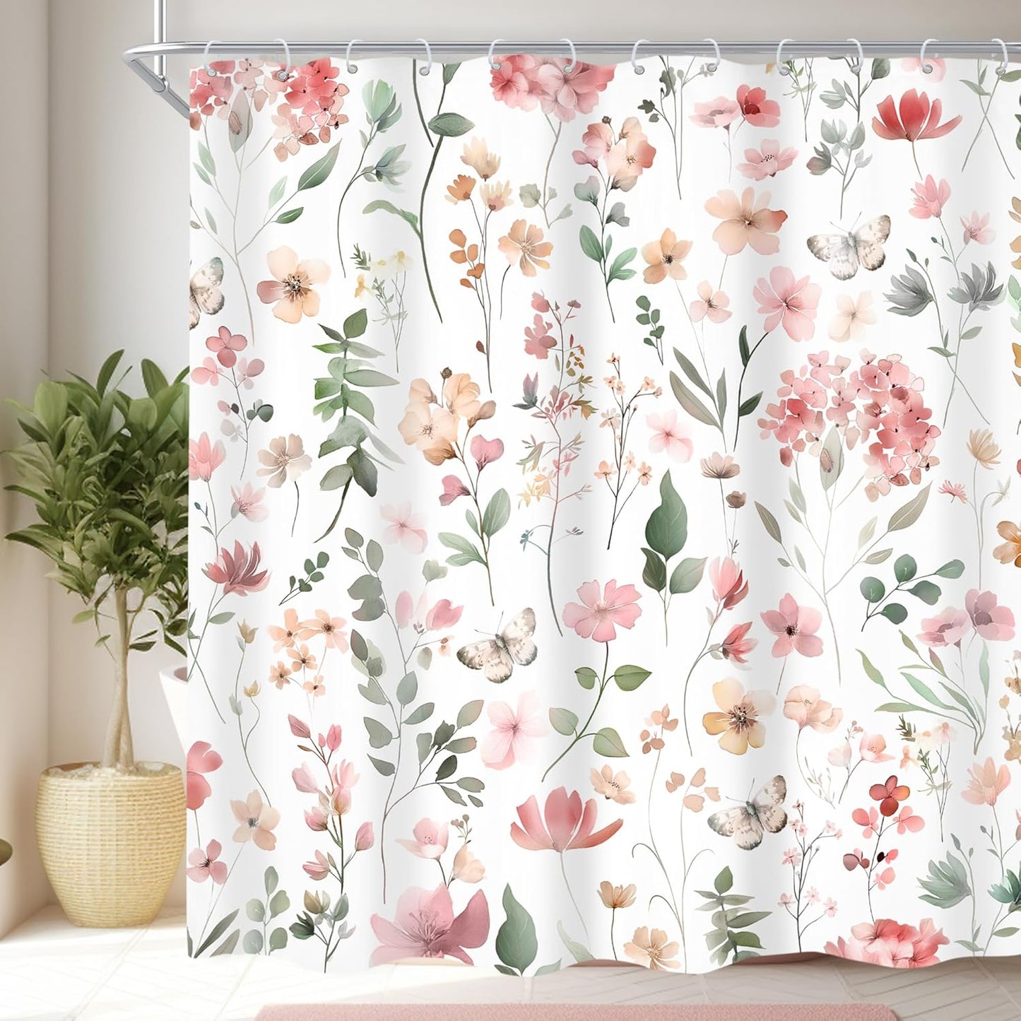 Pink Blush Coral Flower Floral Shower Curtain,Women Girls Wildflower Leaves Leaf Fabric Bathroom Curtains,Botanical Natural Spring Summer Butterfly Cloth Shower Curtain Set with Hooks, 72Wx72H
