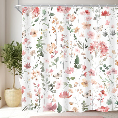 Pink Blush Coral Flower Floral Shower Curtain,Women Girls Wildflower Leaves Leaf Fabric Bathroom Curtains,Botanical Natural Spring Summer Butterfly Cloth Shower Curtain Set with Hooks, 72Wx72H