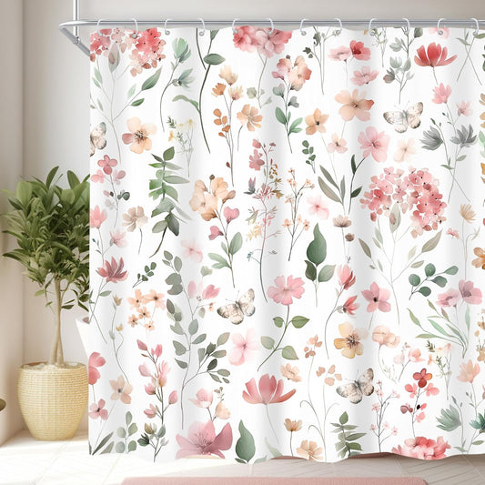 Pink Blush Coral Flower Floral Shower Curtain,Women Girls Wildflower Leaves Leaf Fabric Bathroom Curtains,Botanical Natural Spring Summer Butterfly Cloth Shower Curtain Set with Hooks, 72Wx72H