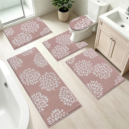 HEBE Floral Bathroom Rugs Set 5 Piece, Non Slip Washable Bath Mat Set for Bathroom, Absorbent Microfiber Bath Carpet with U-Shaped Contour Rug for Tub, Shower, Dusty Pink